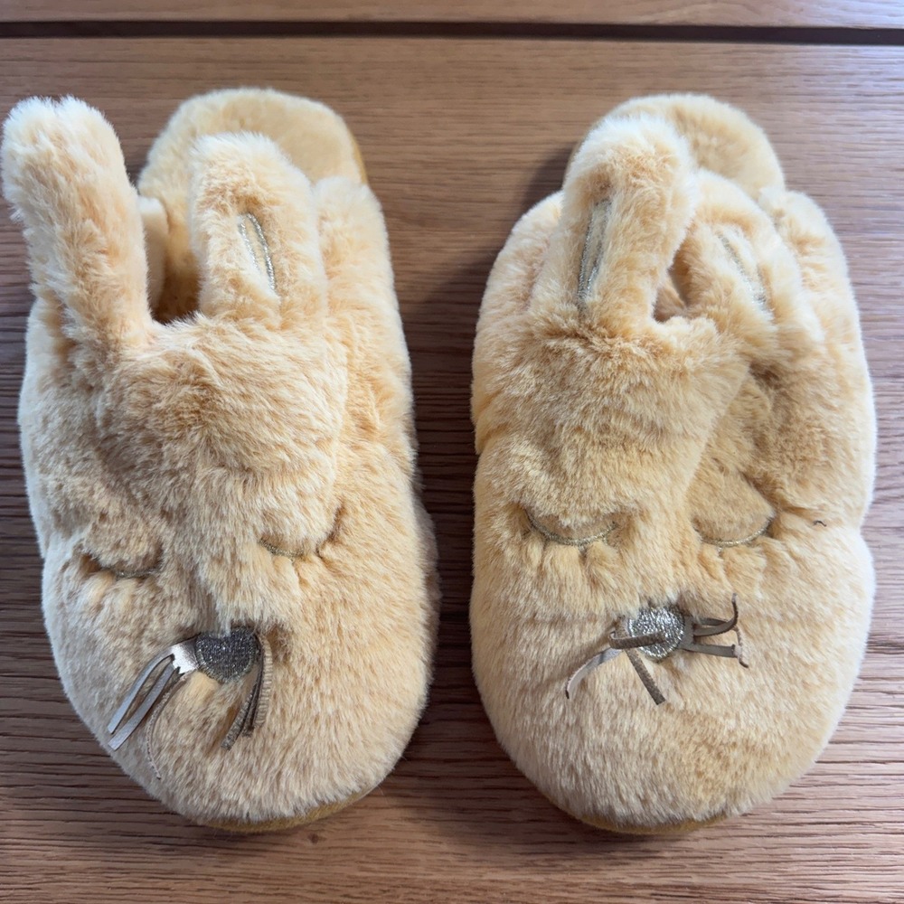Women's Tan Faux Fur Bunny Slippers Embroidered Eyes Size 8 House Shoes
